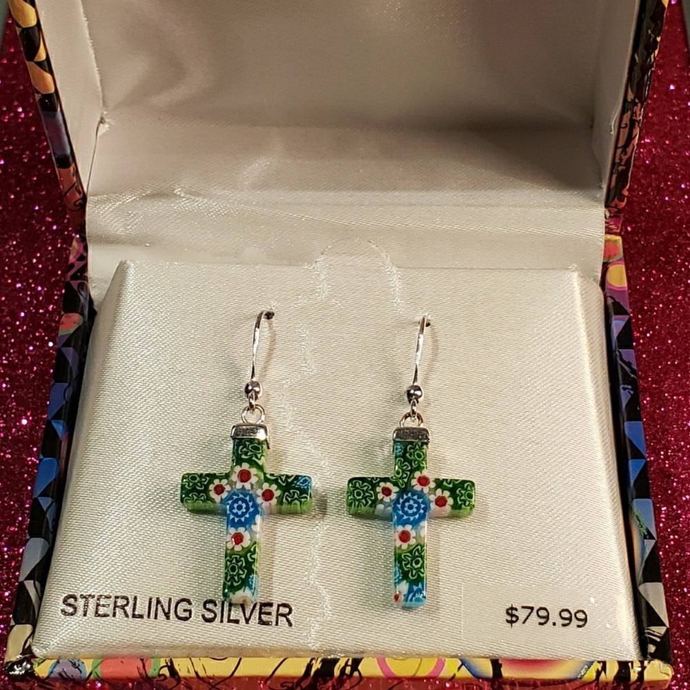 Flowered Cross Sterling Silver Earrings